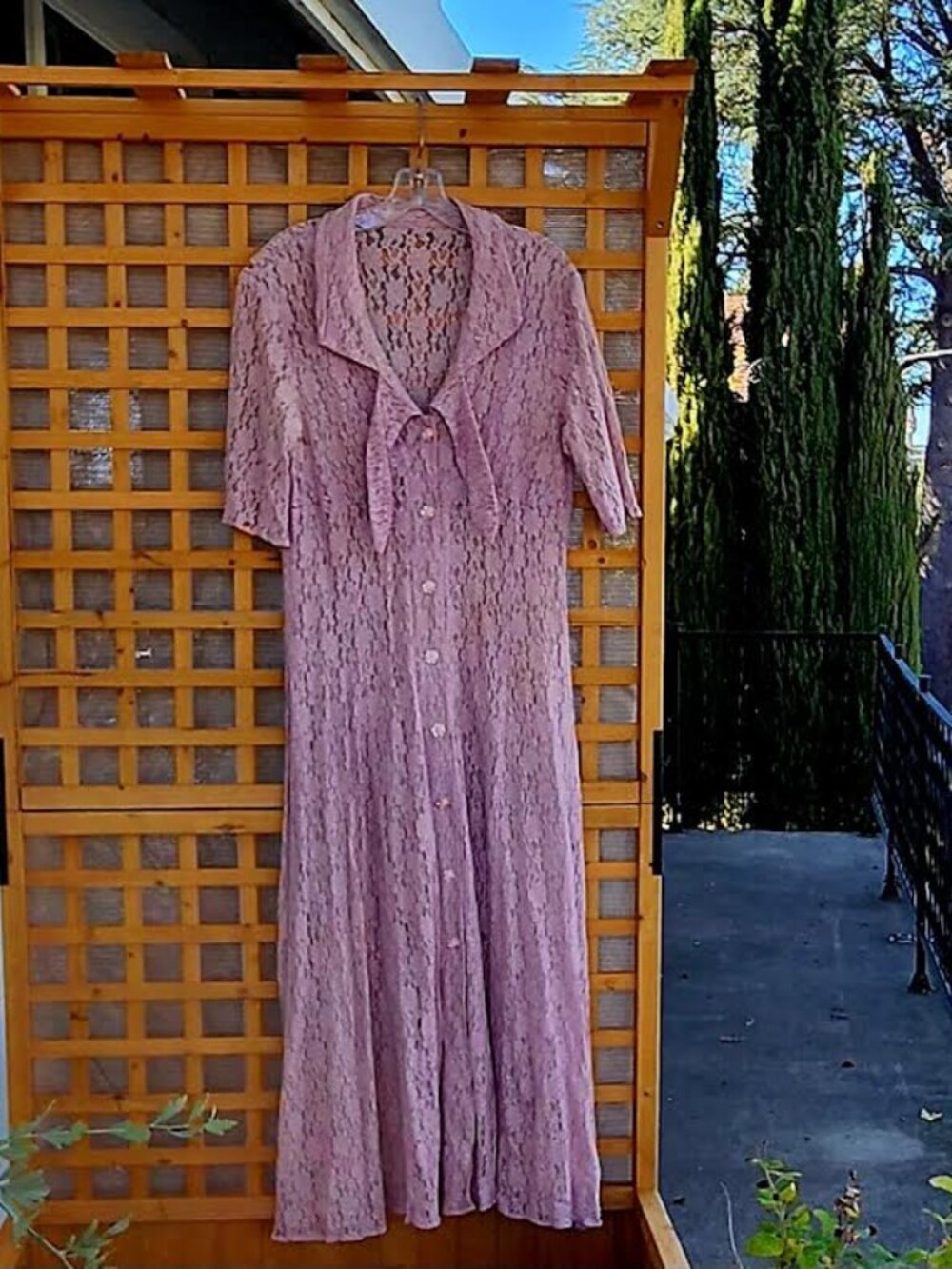 Soft Pink Lace Maxi Dress with Tie Collar